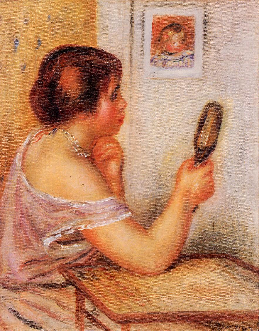 Gabrielle Holding a Mirror with a Portrait of Coco - Pierre-Auguste Renoir painting on canvas